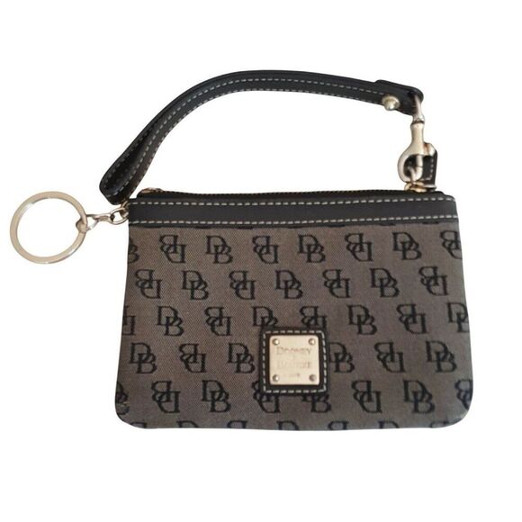 Dooney Bourke Pocketbook Black Leather Wristlet Madison Signature Print - Picture 1 of 5